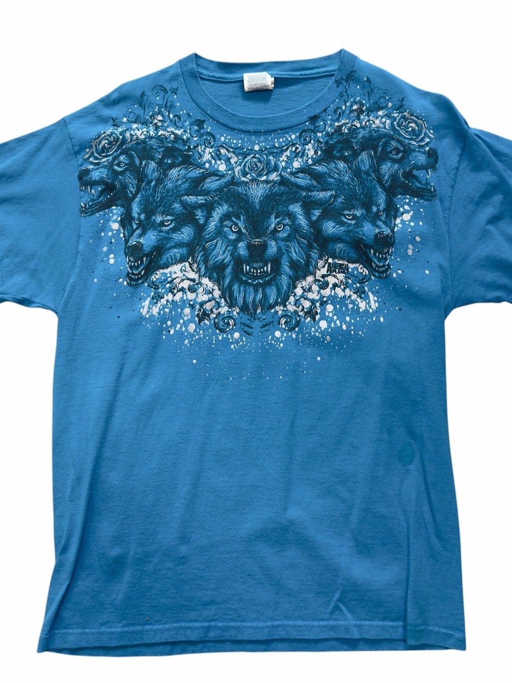 Y2K Wolf Graphic Tee Blue Vintage Streetwear Grunge Mens M